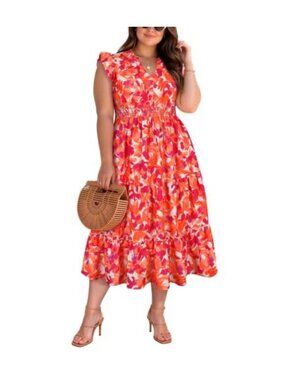 Plus Size Boho Maxi Dress V Neck Smocked Flutter Sleeve Pockets